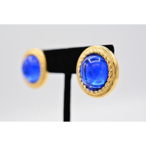 Givenchy Vintage Blue Cabochon Earrings Royal Round Gold Chunky Signed 80s Bin4 - Picture 2 of 12